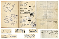 The Marx Brothers Signed by All Five Brothers: Groucho, Harpo, Chico, Gummo & Zeppo -- Along With Harpo Marx Letter Signed With Self-Portrait Sketch of Him Playing the Harp